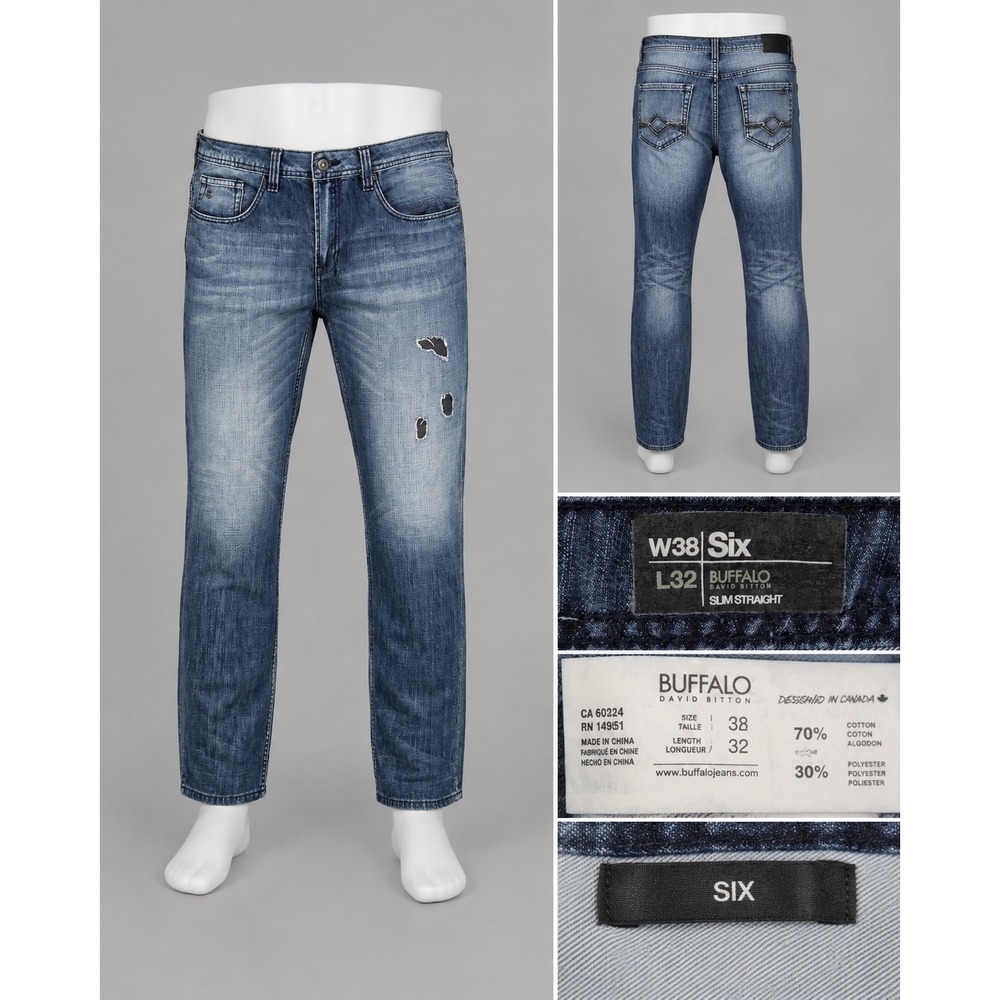 Buffalo David Bitton Six Slim Straight Jeans Men's 38(40)x32 Distressed Wash